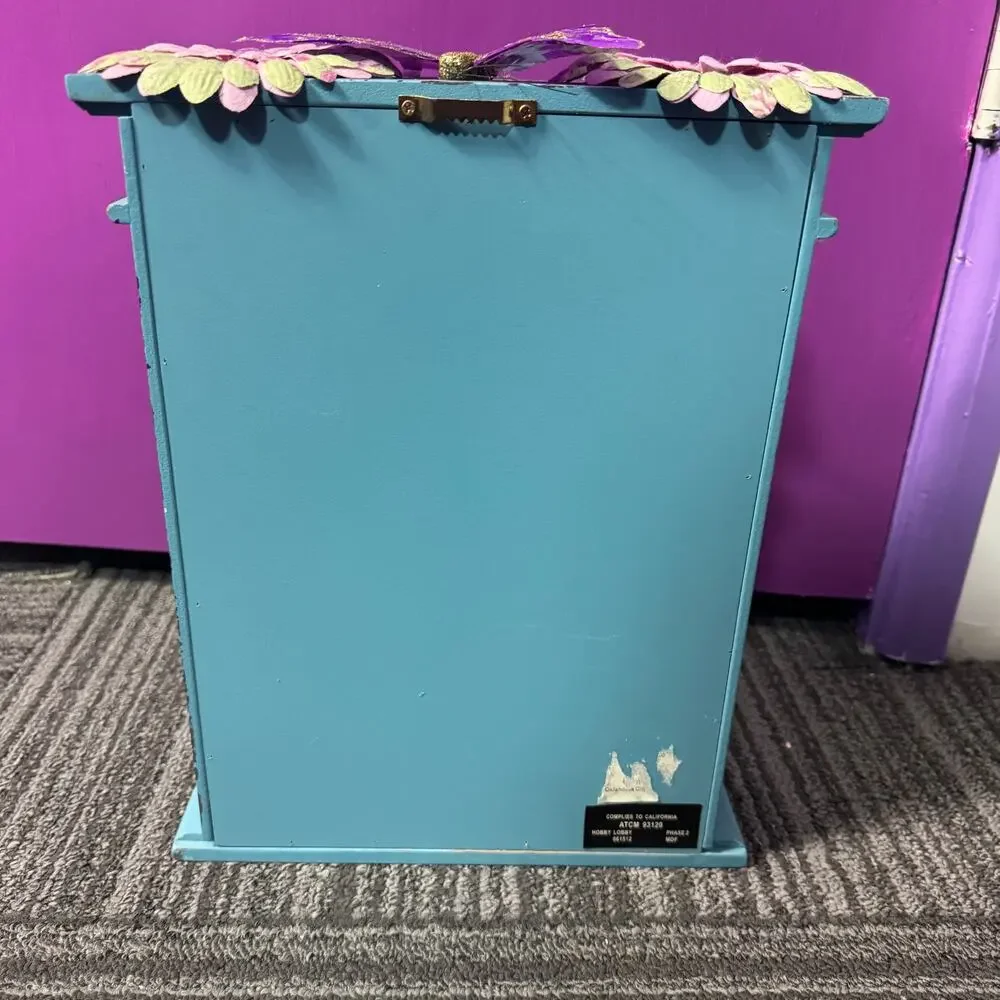 Whimsical Teal Glitter Wooden Wall Cabinet Jewelry Key Holder Butterfly Floral